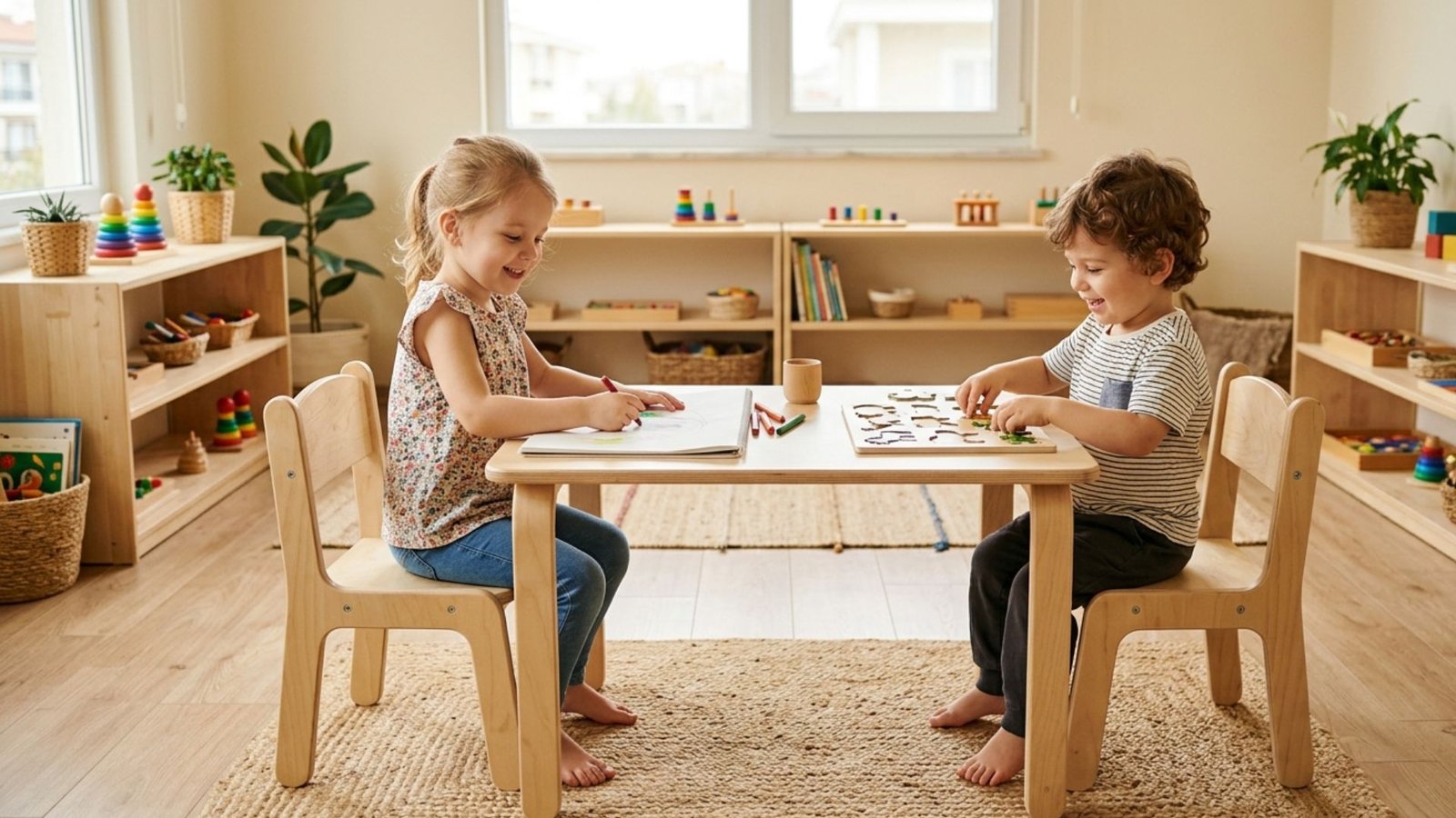 Huş ağacı doğal Montessori masa sandalye seti modelleri